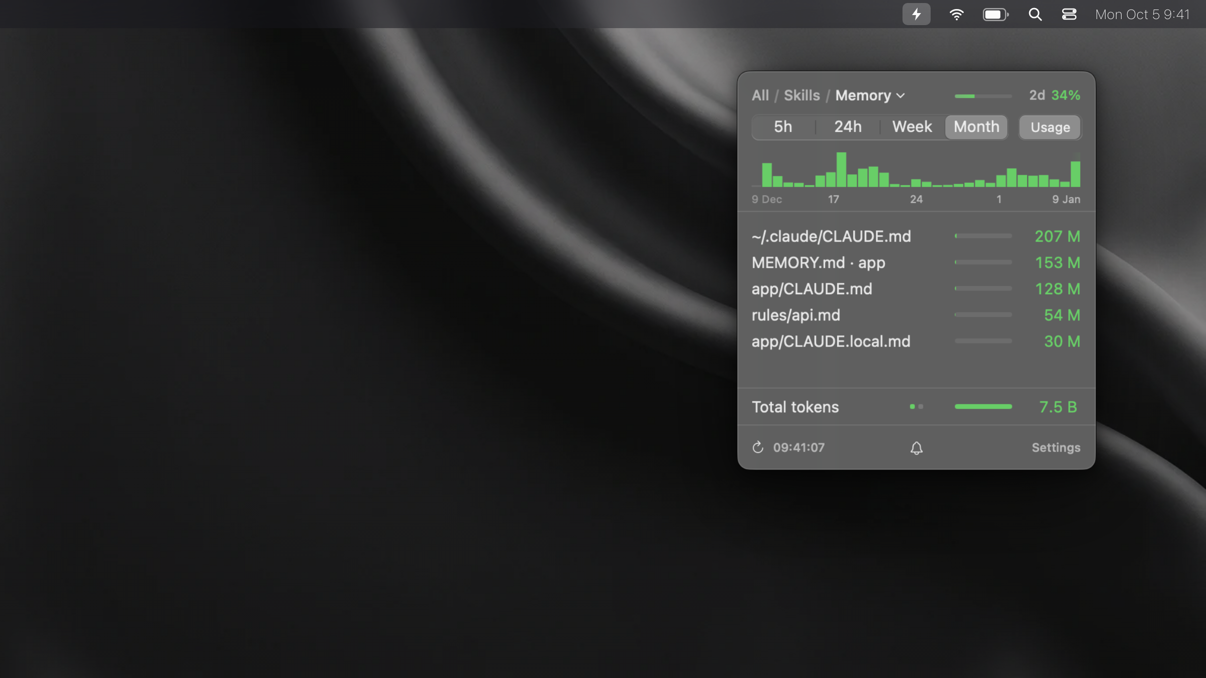 SkillKeeper Memory tab under the menu bar: tokens per CLAUDE.md, MEMORY.md, rules and CLAUDE.local.md over a month